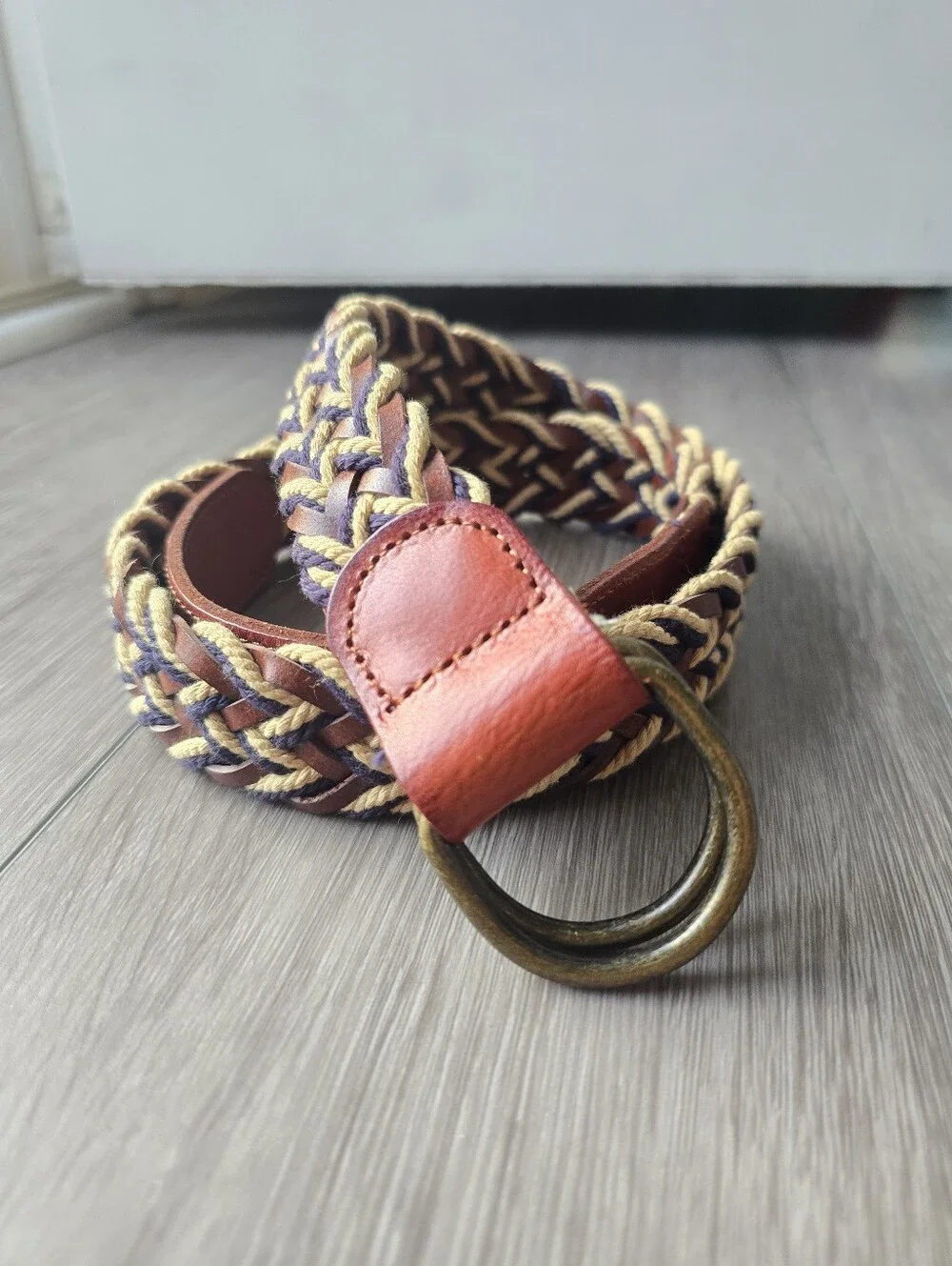 Lucky Brand Braided Woven Leather D-Ring Belt Brown Navy Cream Size 36 Boho